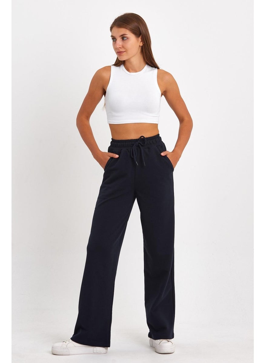 Women's Seasonal Casual Wide Leg Side Pocket Navy Blue Sweatpants