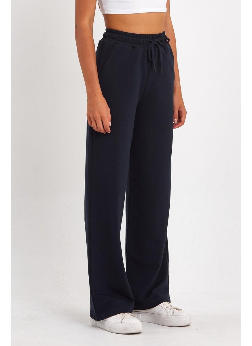 Women's Seasonal Casual Wide Leg Side Pocket Navy Blue Sweatpants