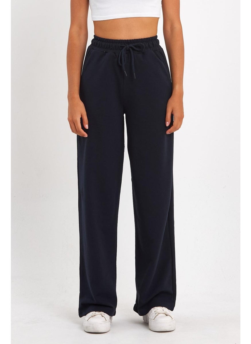 Women's Seasonal Casual Wide Leg Side Pocket Navy Blue Sweatpants