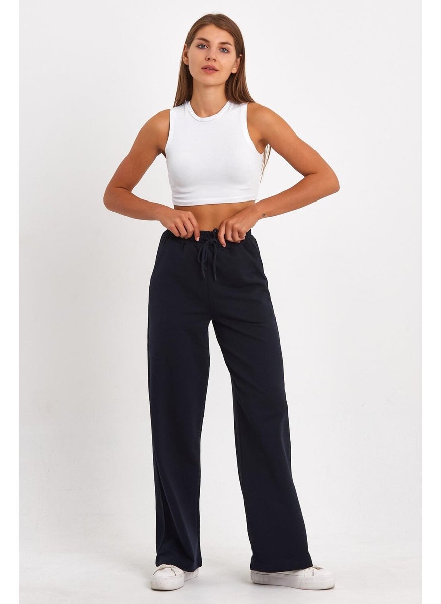 Women's Seasonal Casual Wide Leg Side Pocket Navy Blue Sweatpants