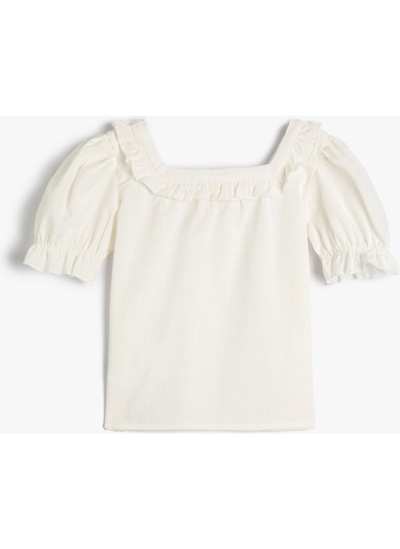 Blouse Square Neck Ruffle Balloon Short Sleeve Cotton