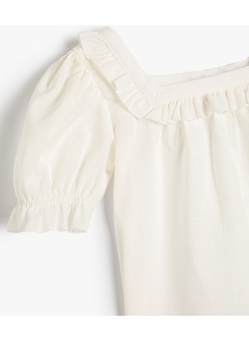 Blouse Square Neck Ruffle Balloon Short Sleeve Cotton