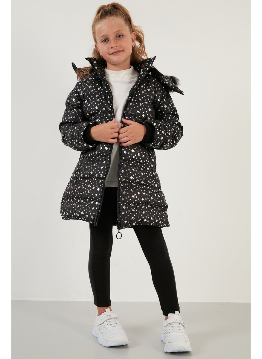 Collar Faux Fur Star Pattern Removable Hooded Plush Lined Winter Coat Girl's Coat 5760031