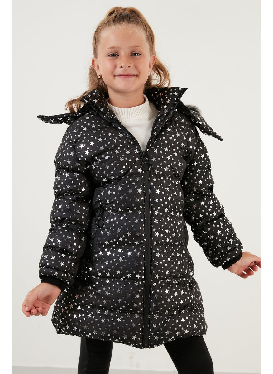 Collar Faux Fur Star Pattern Removable Hooded Plush Lined Winter Coat Girl's Coat 5760031