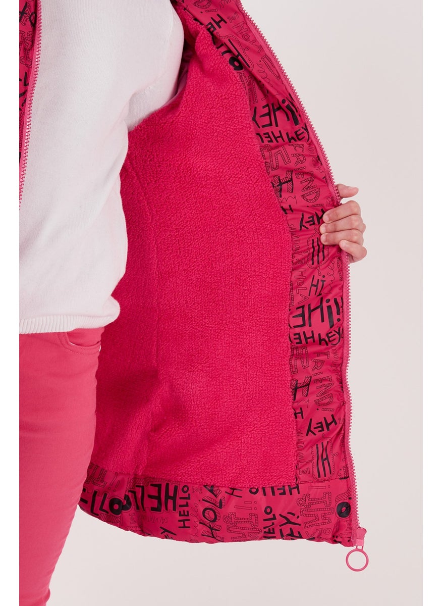 Faux Fur Collar Text Printed Removable Hooded Plush Lined Winter Coat Girl's Coat 5761984