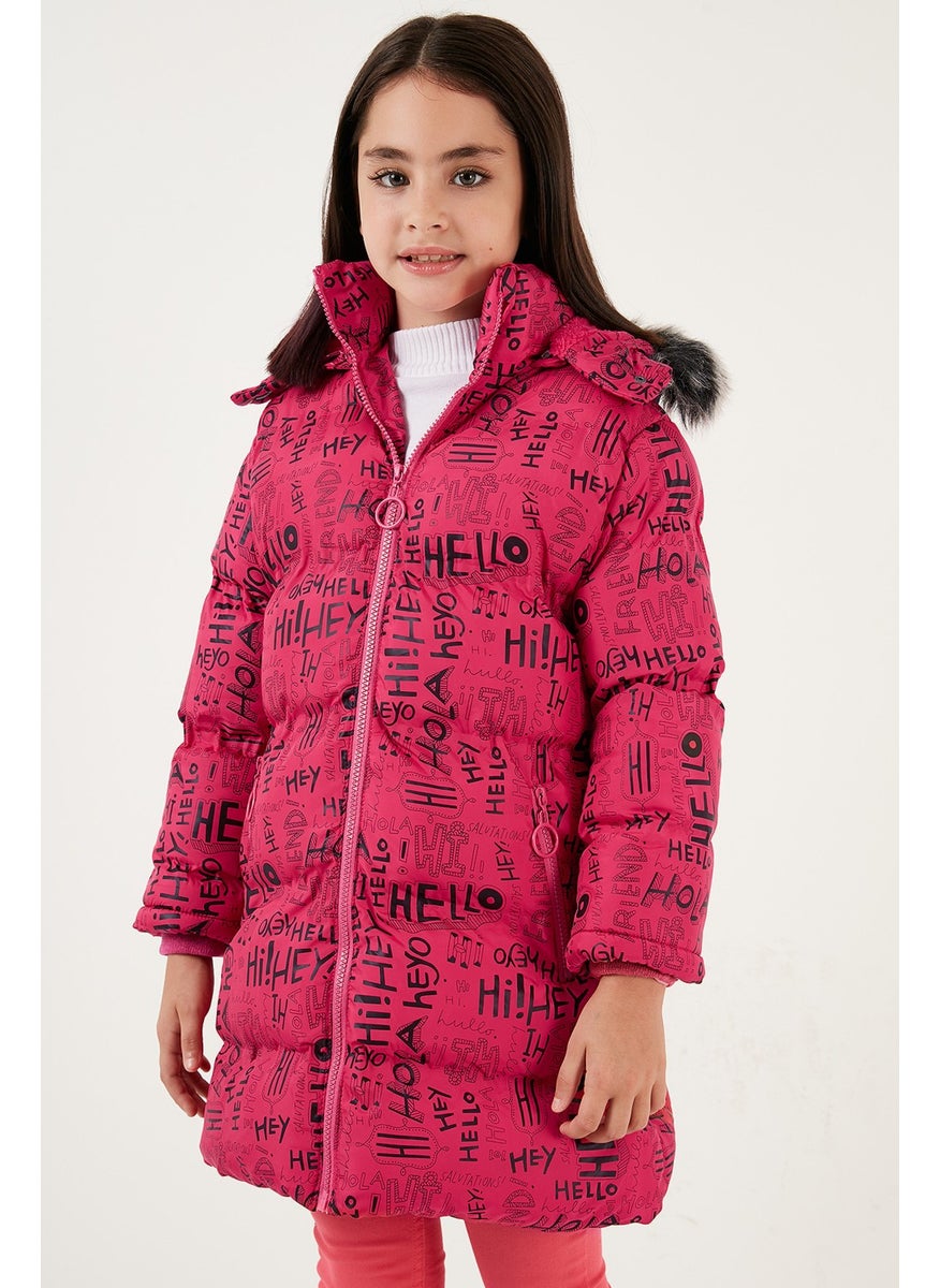 Faux Fur Collar Text Printed Removable Hooded Plush Lined Winter Coat Girl's Coat 5761984