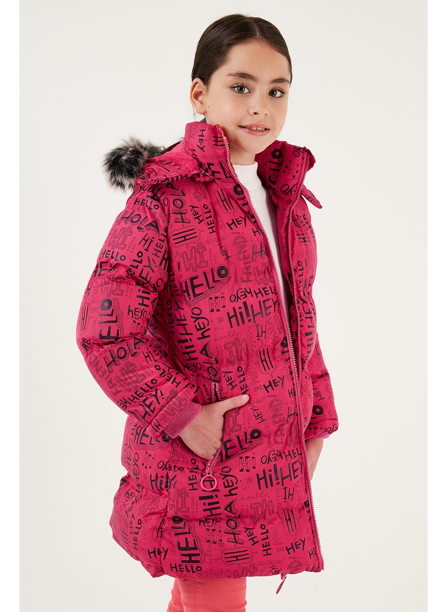 Faux Fur Collar Text Printed Removable Hooded Plush Lined Winter Coat Girl's Coat 5761984