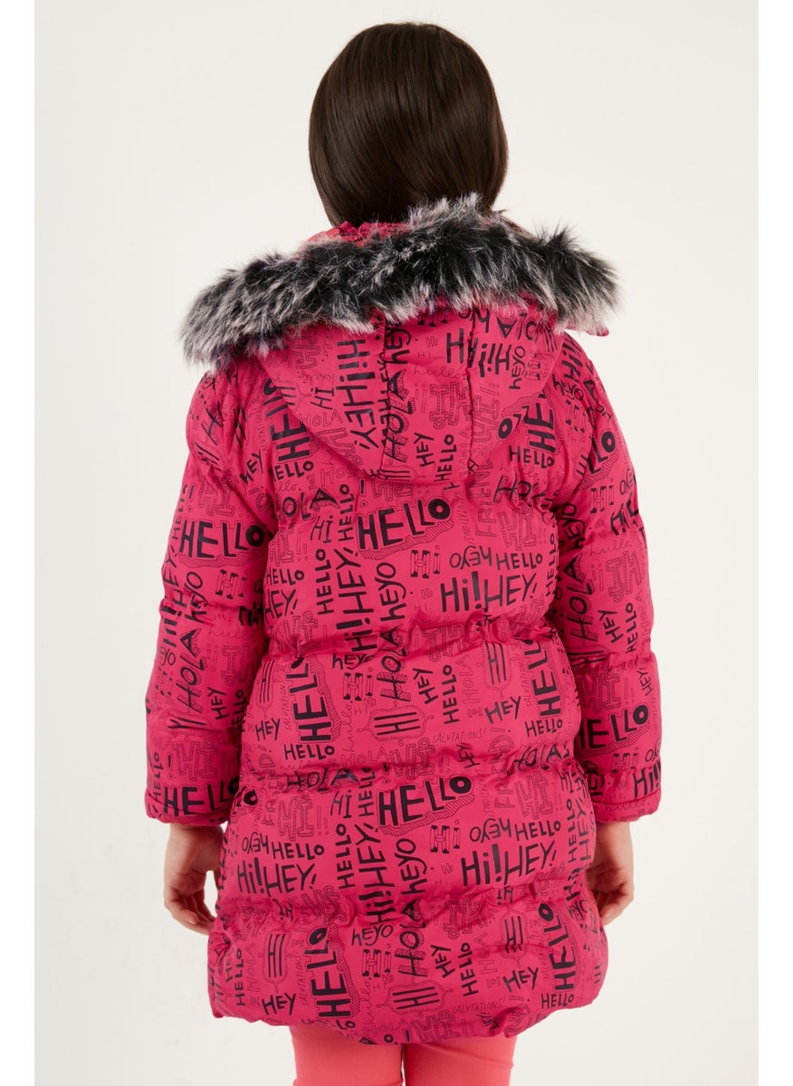 Faux Fur Collar Text Printed Removable Hooded Plush Lined Winter Coat Girl's Coat 5761984