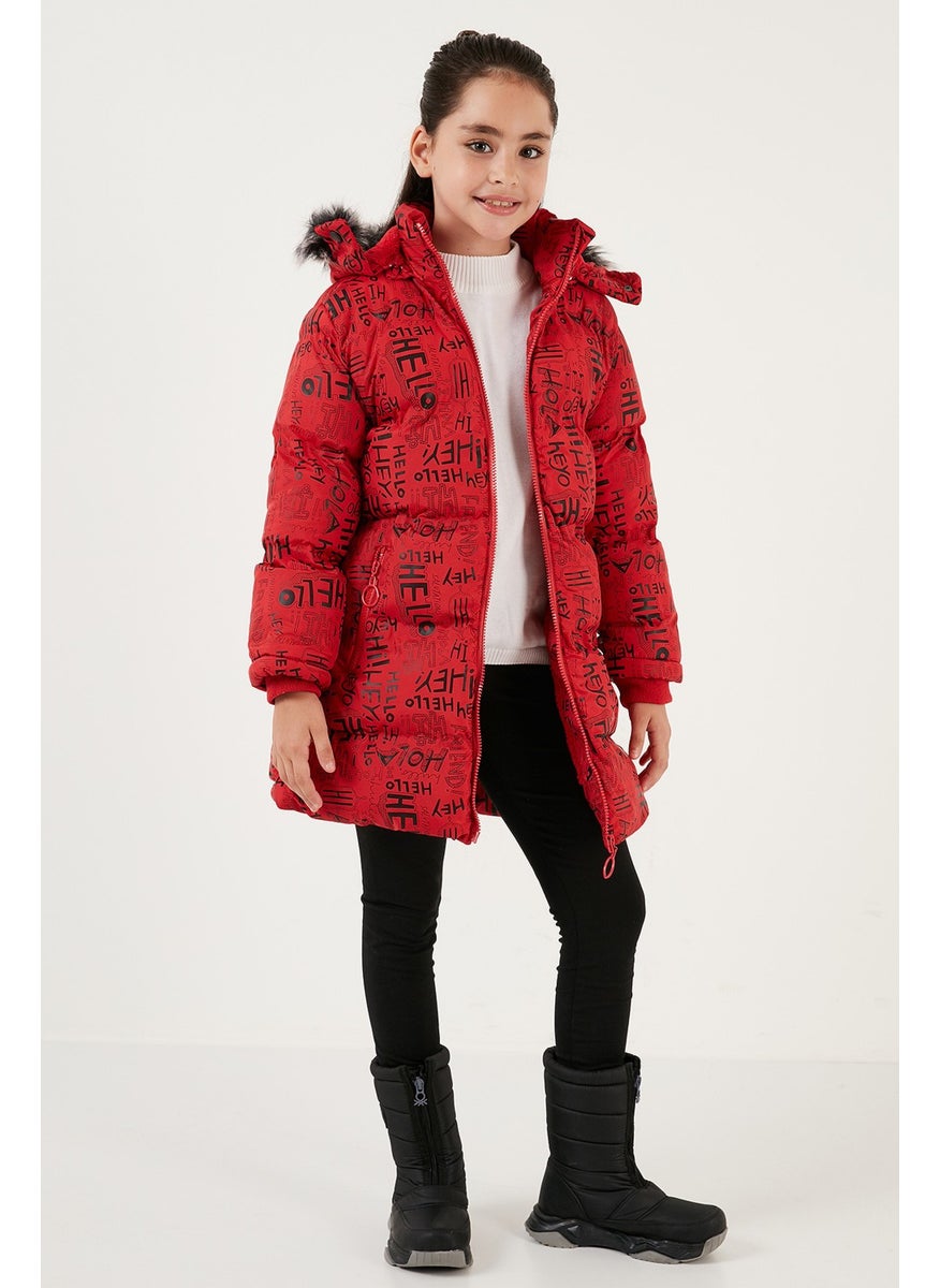 Faux Fur Collar Text Printed Removable Hooded Plush Lined Winter Coat Girl's Coat 5761984