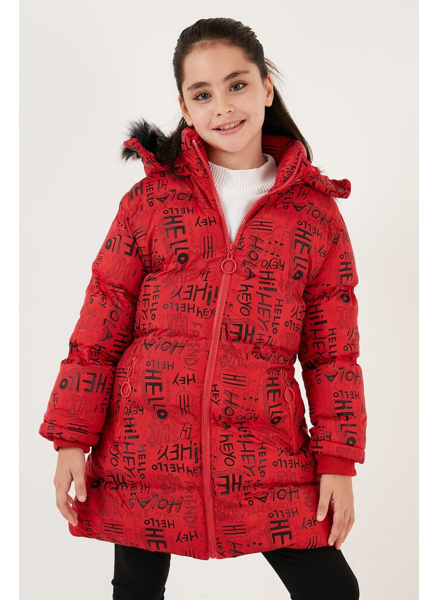 Faux Fur Collar Text Printed Removable Hooded Plush Lined Winter Coat Girl's Coat 5761984