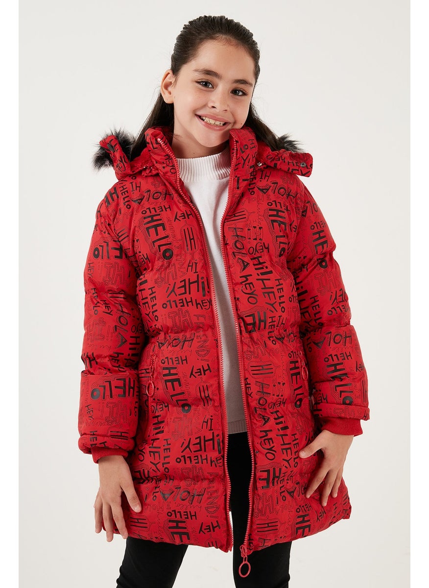 Faux Fur Collar Text Printed Removable Hooded Plush Lined Winter Coat Girl's Coat 5761984