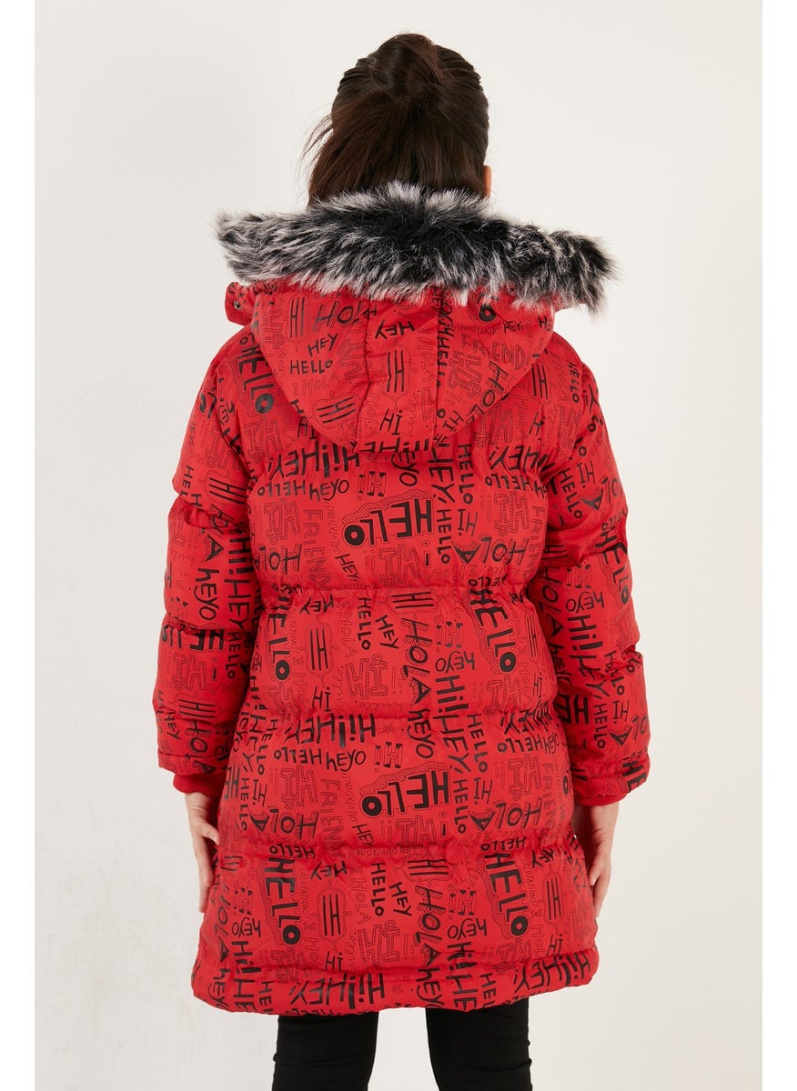 Faux Fur Collar Text Printed Removable Hooded Plush Lined Winter Coat Girl's Coat 5761984