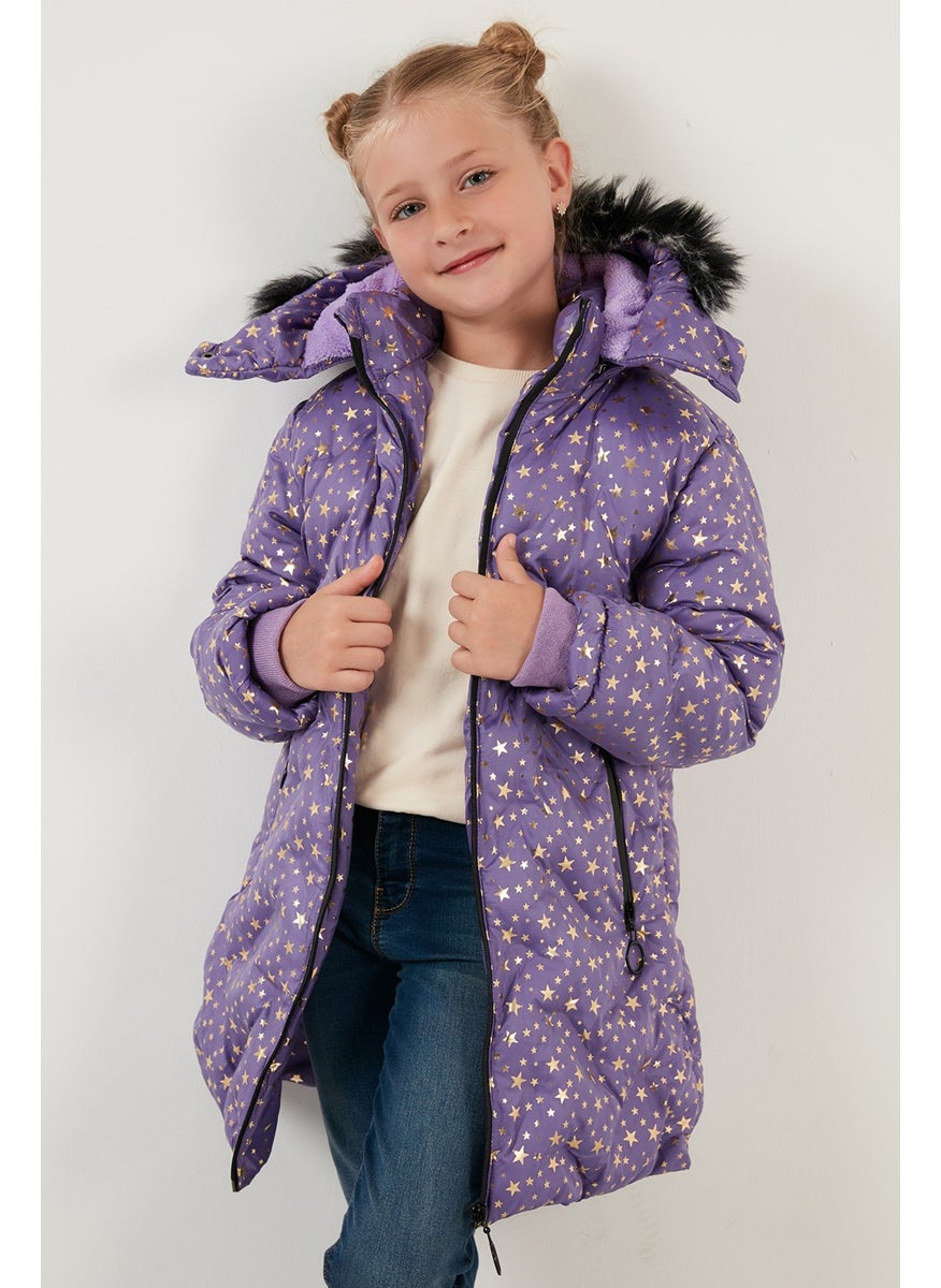 Collar Faux Fur Star Pattern Removable Hooded Plush Lined Winter Coat Girl's Coat 5760050