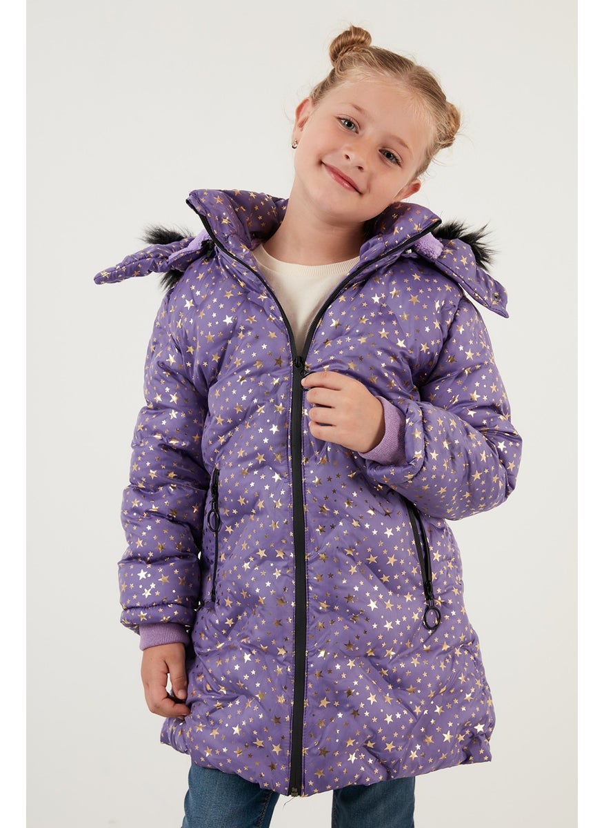 Collar Faux Fur Star Pattern Removable Hooded Plush Lined Winter Coat Girl's Coat 5760050