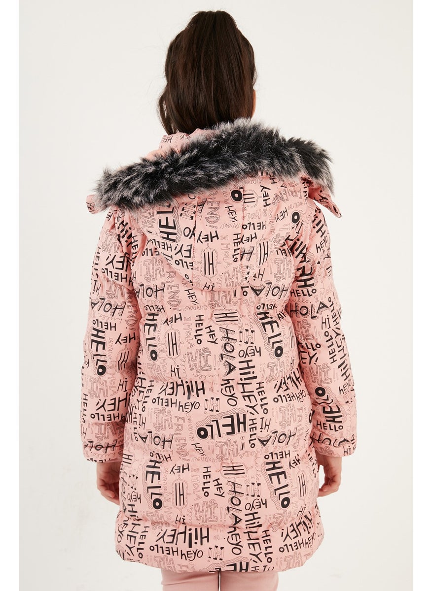 Faux Fur Collar Text Printed Removable Hooded Plush Lined Winter Coat Girl's Coat 5761984