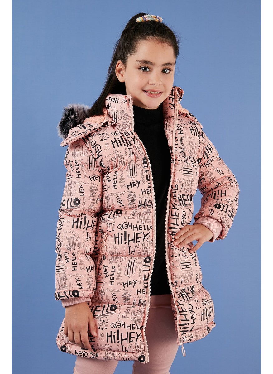 Faux Fur Collar Text Printed Removable Hooded Plush Lined Winter Coat Girl's Coat 5761984