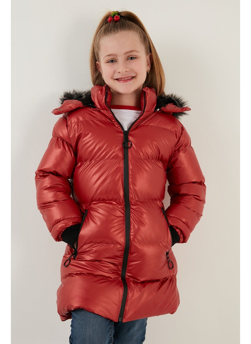 Plush Lined Faux Fur Collar Removable Hooded Winter Coat Girls' Coat 5761908