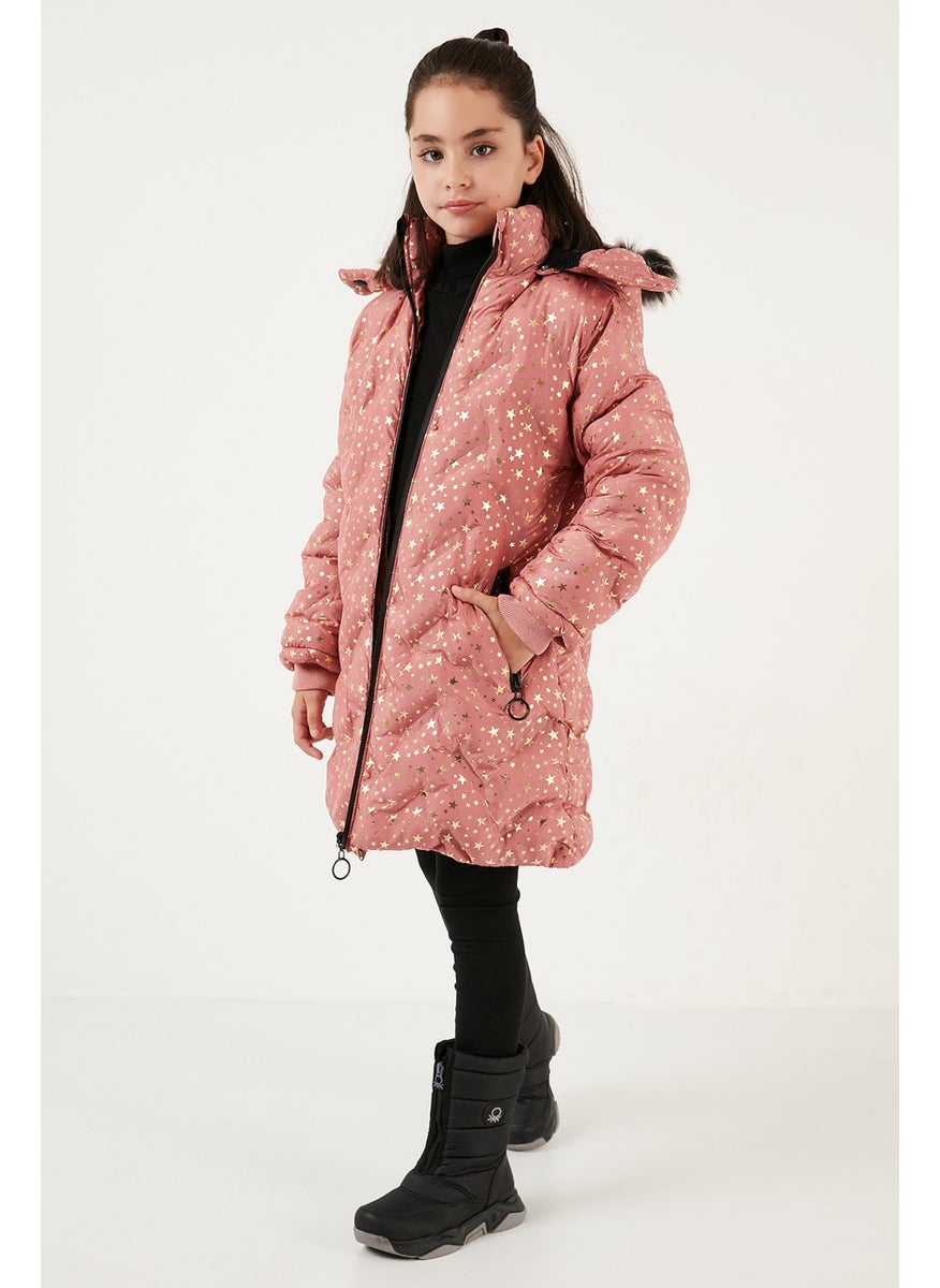 Collar Faux Fur Star Pattern Removable Hooded Plush Lined Winter Coat Girl's Coat 5760050