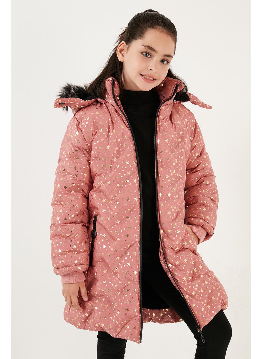 Collar Faux Fur Star Pattern Removable Hooded Plush Lined Winter Coat Girl's Coat 5760050