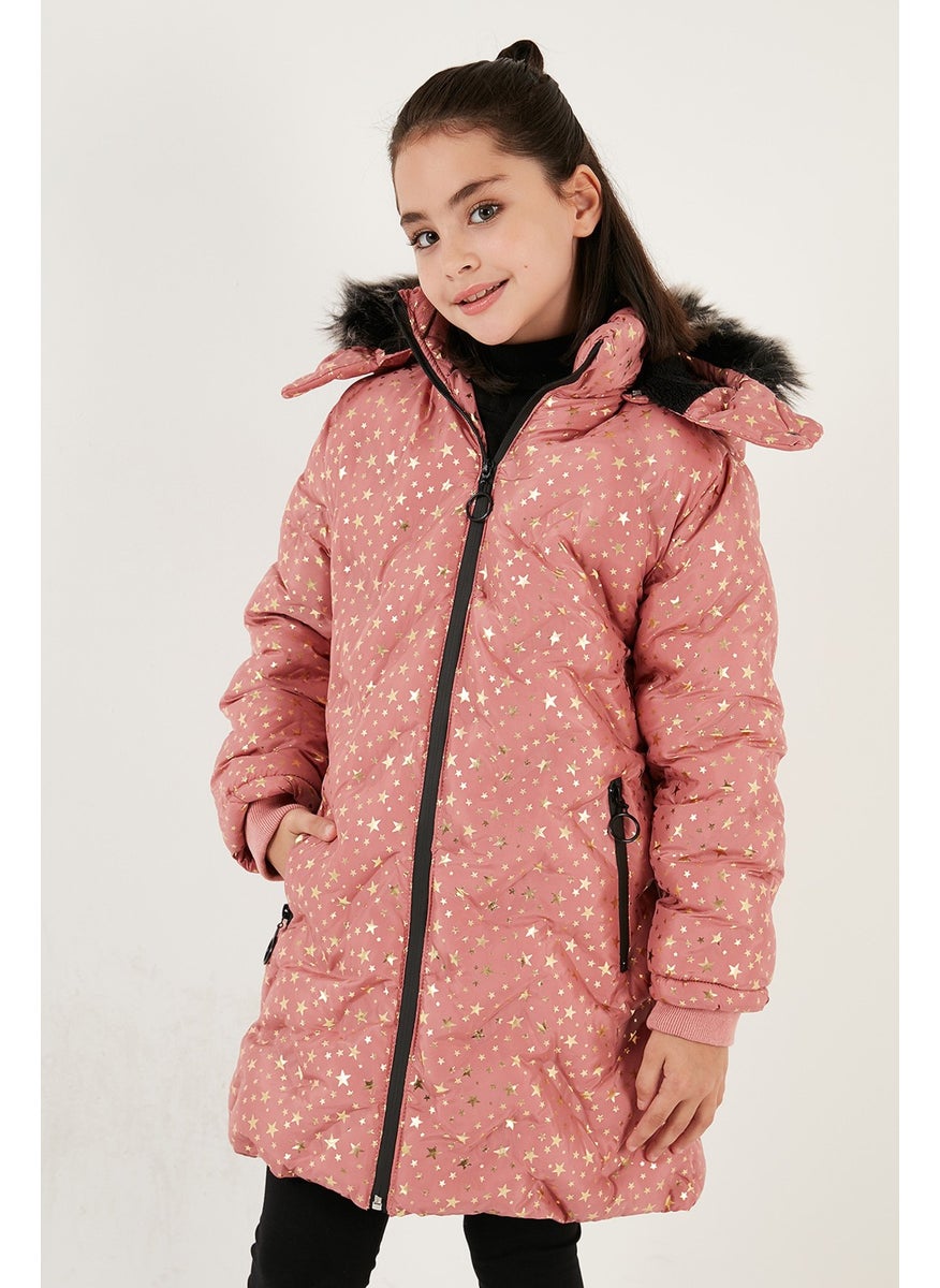 Collar Faux Fur Star Pattern Removable Hooded Plush Lined Winter Coat Girl's Coat 5760050