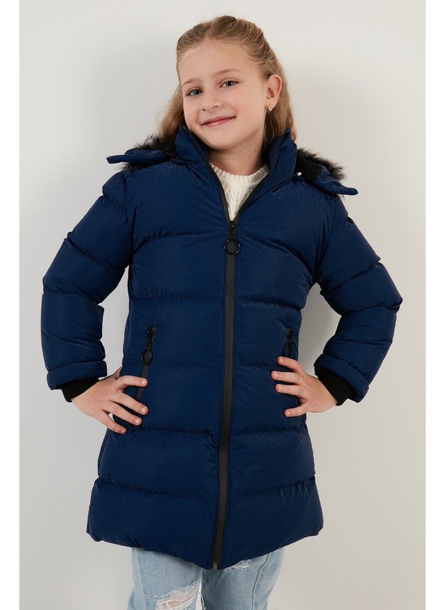 Collar Faux Fur Plush Lined Removable Hooded Slim Cut Winter Coat Girls' COAT 5760002