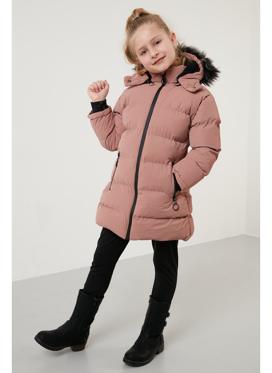 Collar Faux Fur Plush Lined Removable Hooded Slim Cut Winter Coat Girls' COAT 5760002