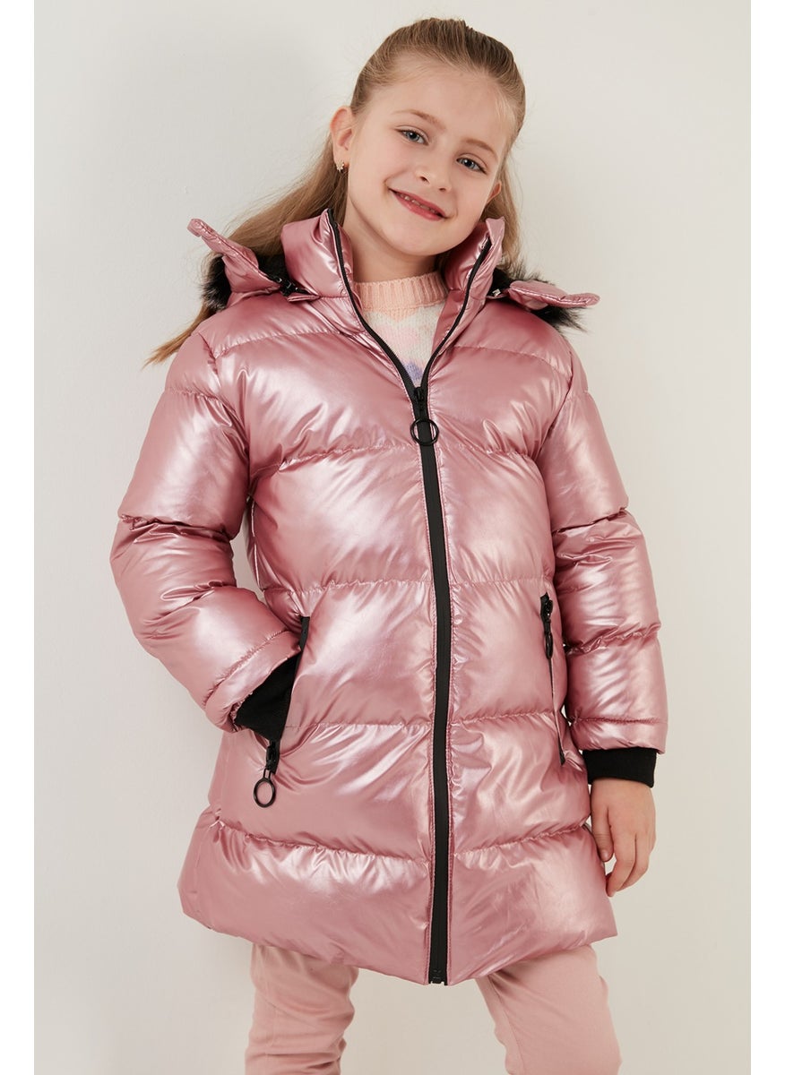 Plush Lined Faux Fur Collar Removable Hooded Winter Coat Girls' Coat 5761908