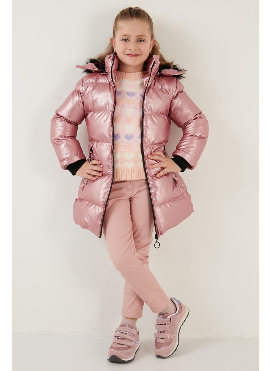 Plush Lined Faux Fur Collar Removable Hooded Winter Coat Girls' Coat 5761908