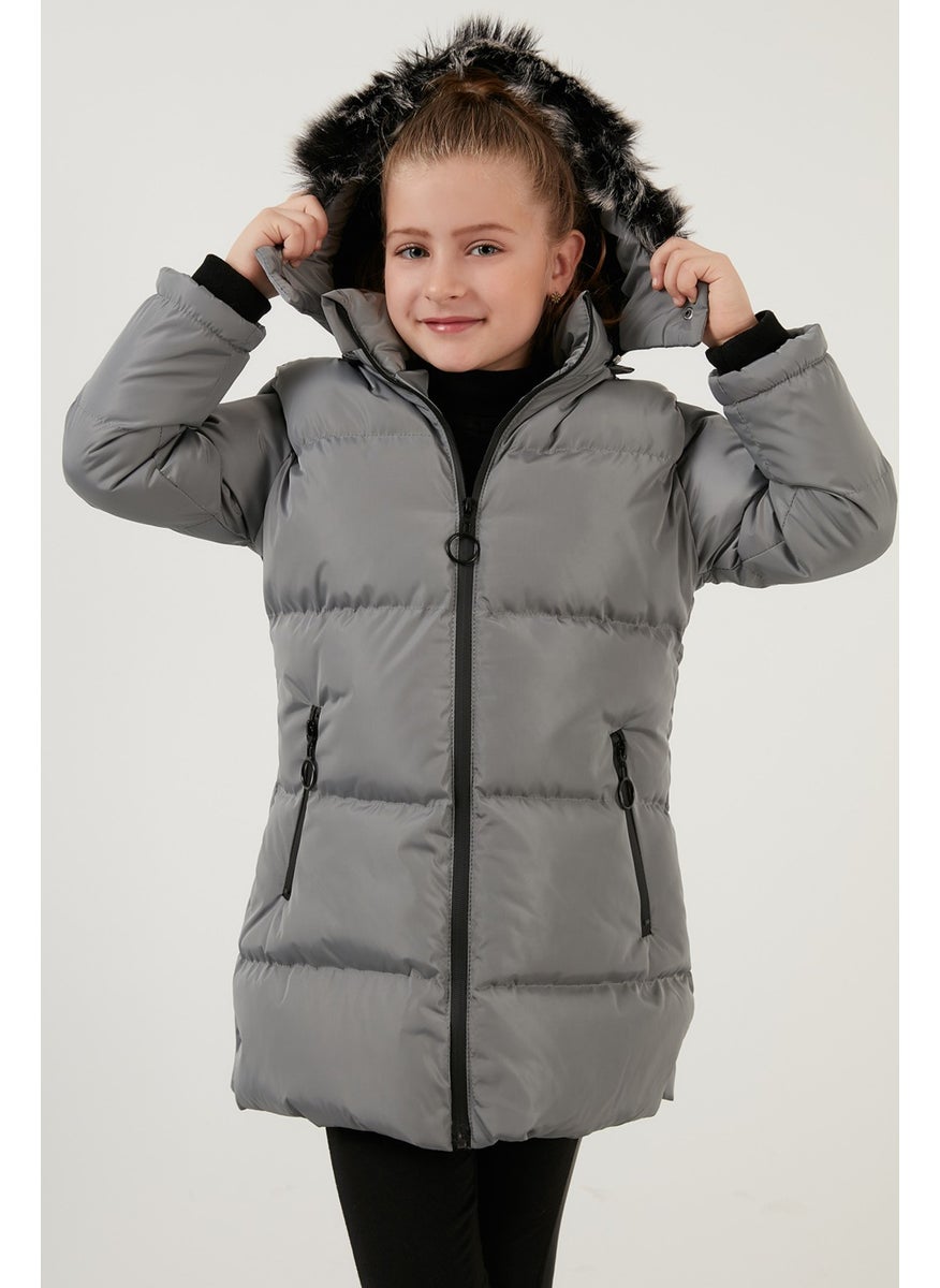 Plush Lined Faux Fur Collar Removable Hooded Winter Coat Girls' Coat 5760072