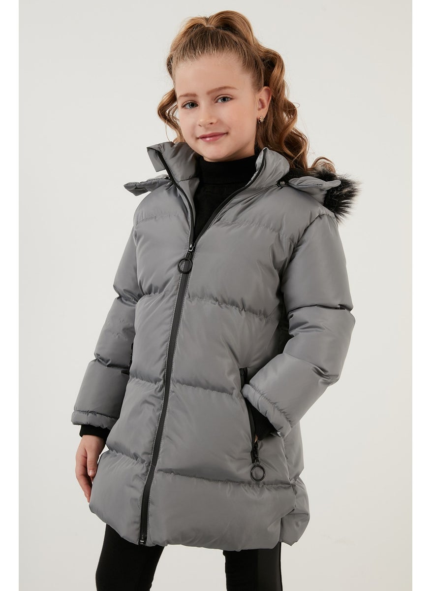 Plush Lined Faux Fur Collar Removable Hooded Winter Coat Girls' Coat 5760072