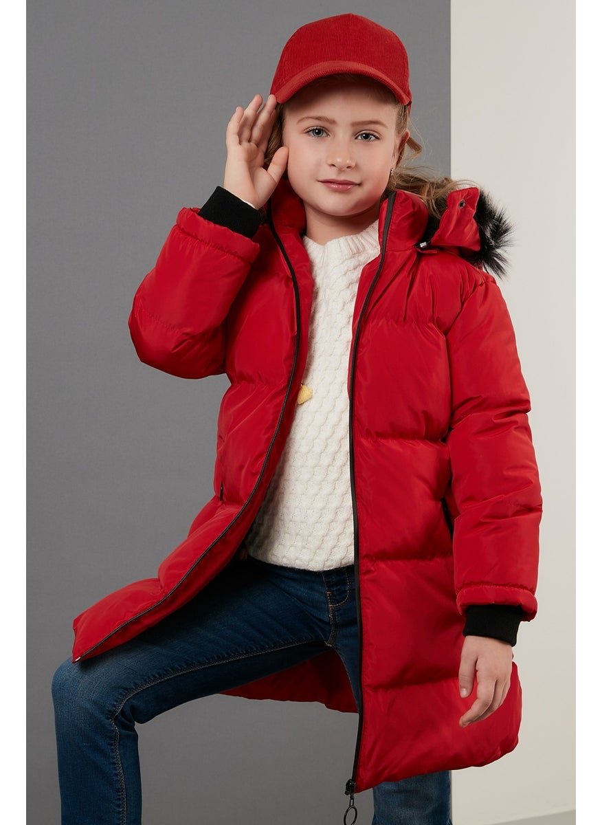 Plush Lined Faux Fur Collar Removable Hooded Winter Coat Girls' Coat 5760072