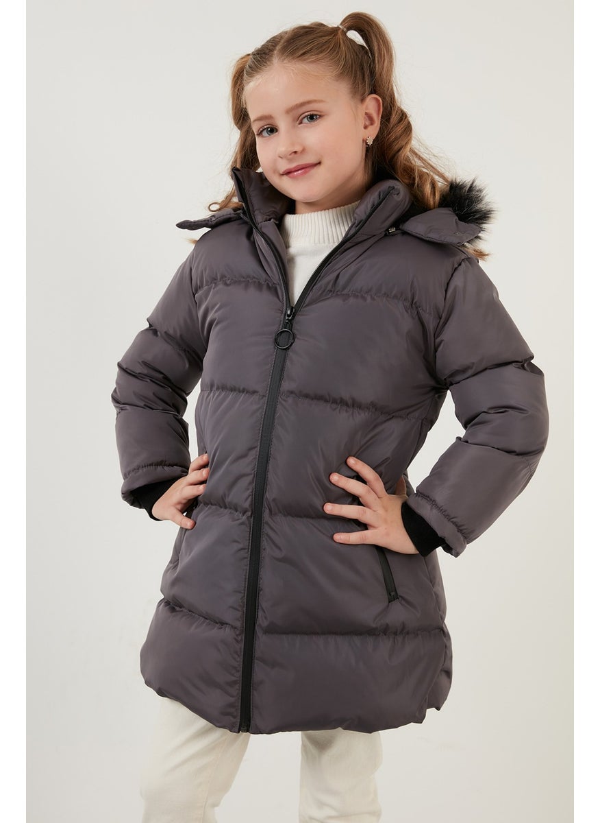 Plush Lined Faux Fur Collar Removable Hooded Winter Coat Girls' Coat 5760072