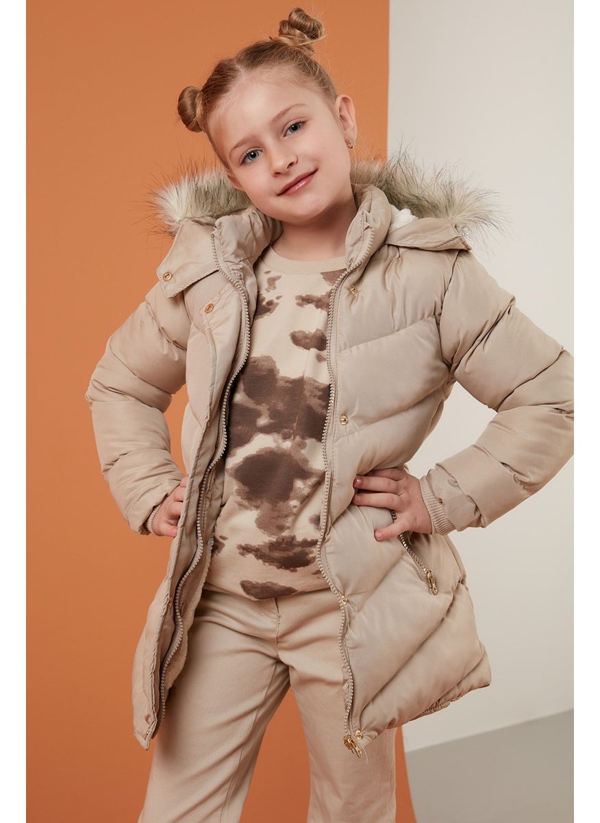 Side Faux Fur Hooded Puffer Coat Girls' COAT 6035018