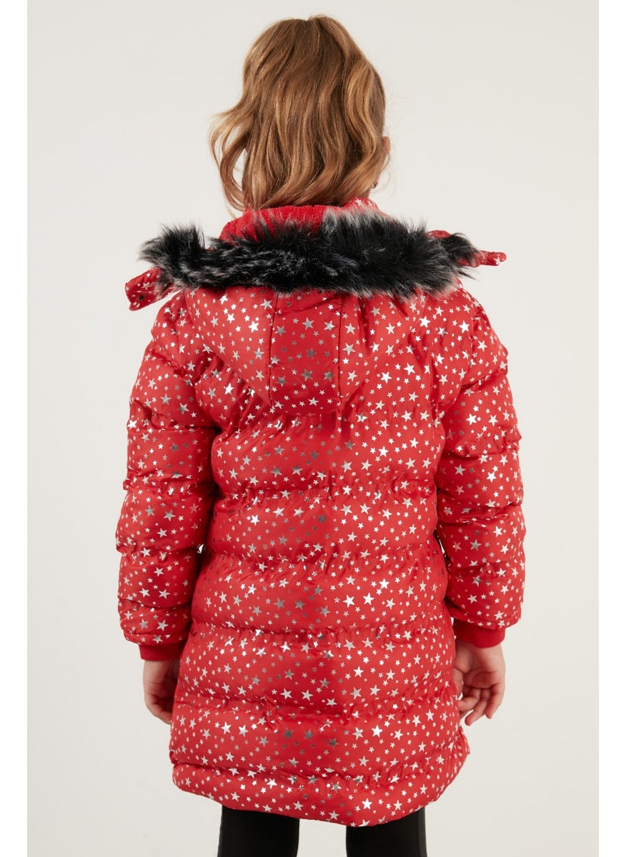 Collar Faux Fur Star Pattern Removable Hooded Plush Lined Winter Coat Girl's Coat 5760031