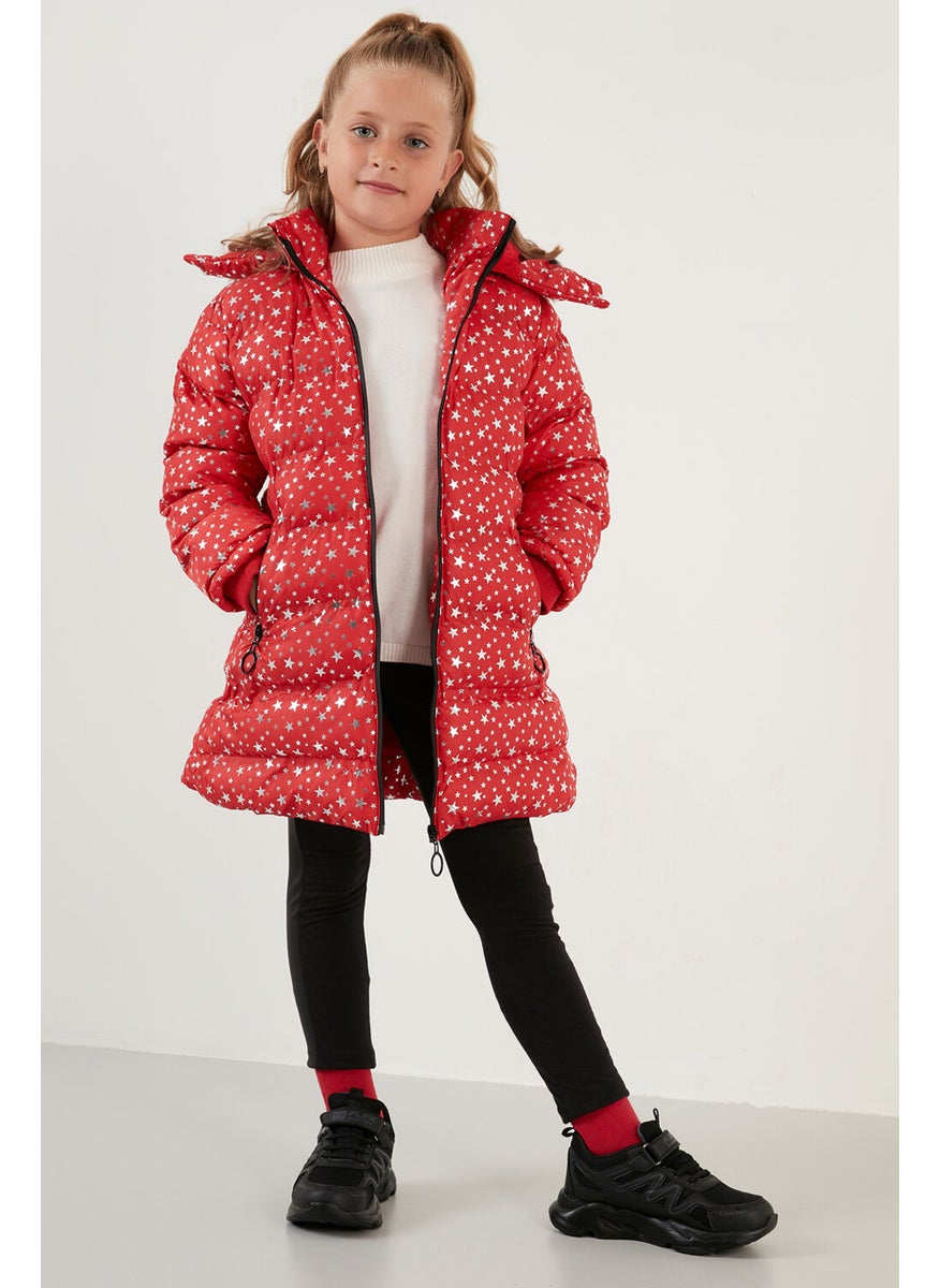 Collar Faux Fur Star Pattern Removable Hooded Plush Lined Winter Coat Girl's Coat 5760031