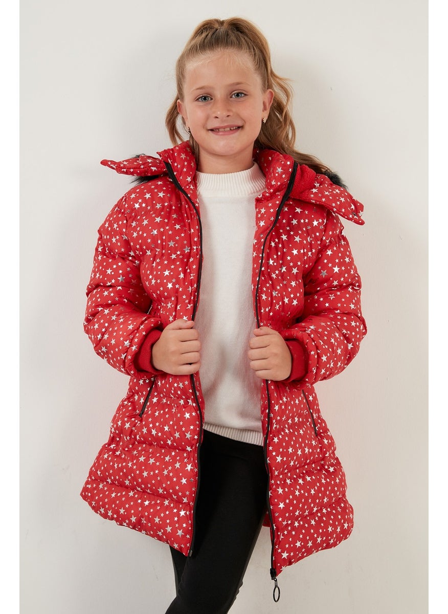 Collar Faux Fur Star Pattern Removable Hooded Plush Lined Winter Coat Girl's Coat 5760031