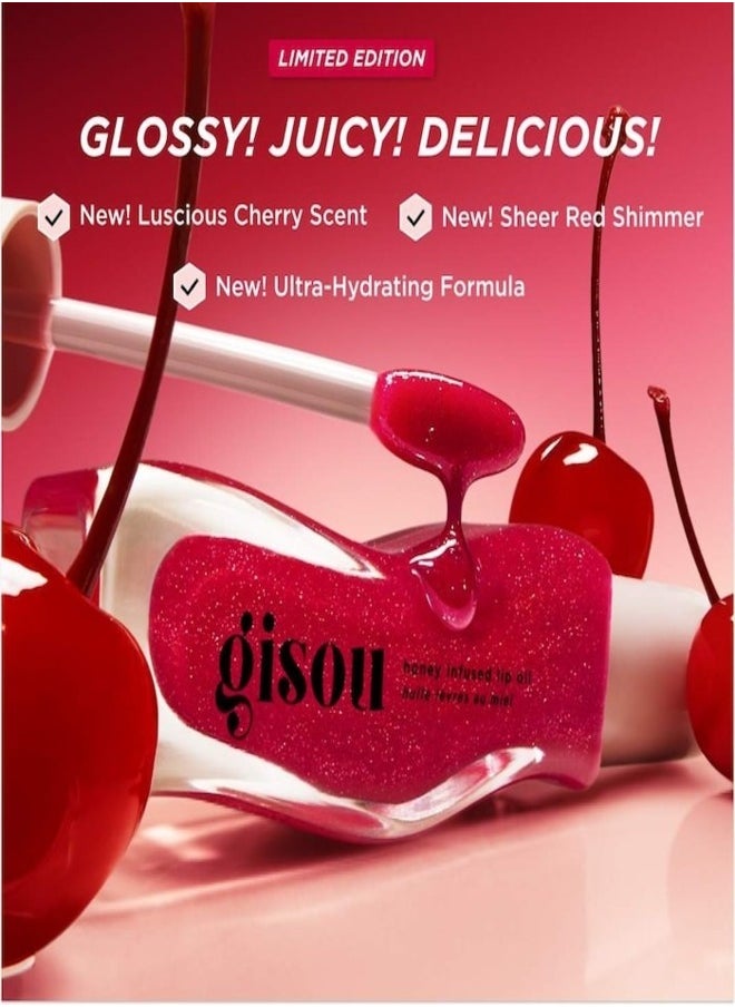 Gisou Honey Infused Hydrating Lip Oil Cherry On The Cake | Sheer Pinky Red Shimmer, Nourishing & Moisturizing - 0.27 oz / 8ml