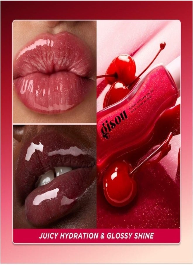 Gisou Honey Infused Hydrating Lip Oil Cherry On The Cake | Sheer Pinky Red Shimmer, Nourishing & Moisturizing - 0.27 oz / 8ml