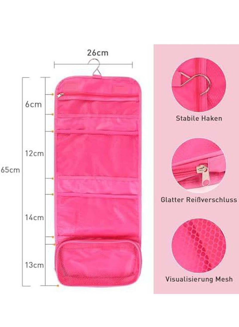 Waterproof Spacious Portable Travel Storage Bags Multiple Pockets Large Capacity Folding Toiletry Bags Organizer Outdoor/Home Makeup Cosmetic Bags with Flexible Hanging Hook (Pink)