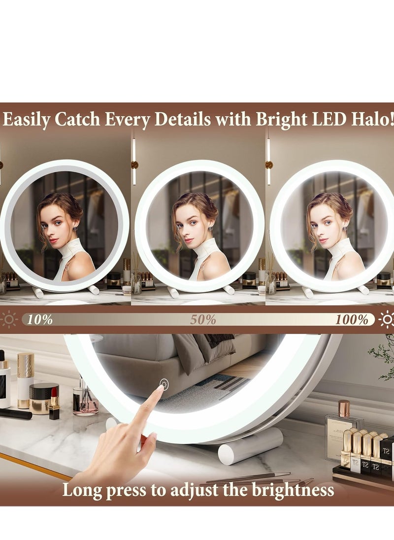 Large Vanity Mirror with Round LED Lighted Up Makeup Mirror Touch Screen with 3-Color Lighting Dimmable for Vanity Desk Tabletop Bedroom