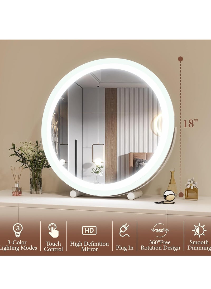 Large Vanity Mirror with Round LED Lighted Up Makeup Mirror Touch Screen with 3-Color Lighting Dimmable for Vanity Desk Tabletop Bedroom