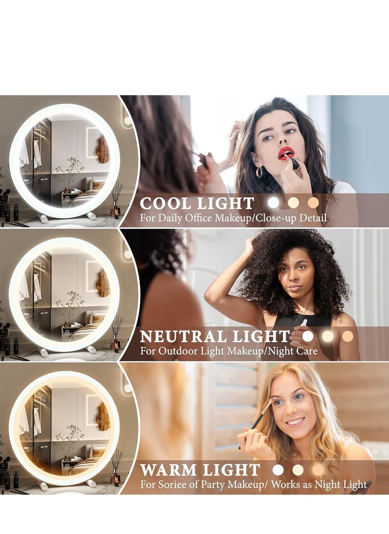 Large Vanity Mirror with Round LED Lighted Up Makeup Mirror Touch Screen with 3-Color Lighting Dimmable for Vanity Desk Tabletop Bedroom