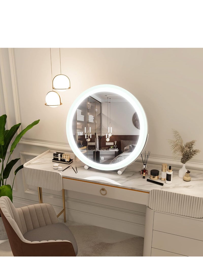 Large Vanity Mirror with Round LED Lighted Up Makeup Mirror Touch Screen with 3-Color Lighting Dimmable for Vanity Desk Tabletop Bedroom