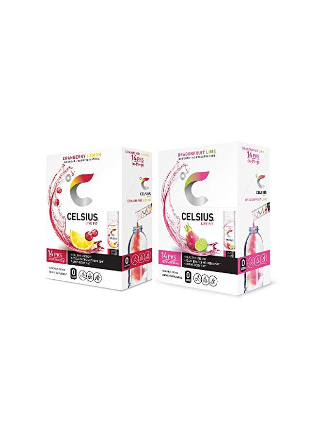 CELSIUS On-the-Go Powder Stick, Combo Pack of Dragonfruit Lime and Cranberry Lemon, 28 Piece Assortment