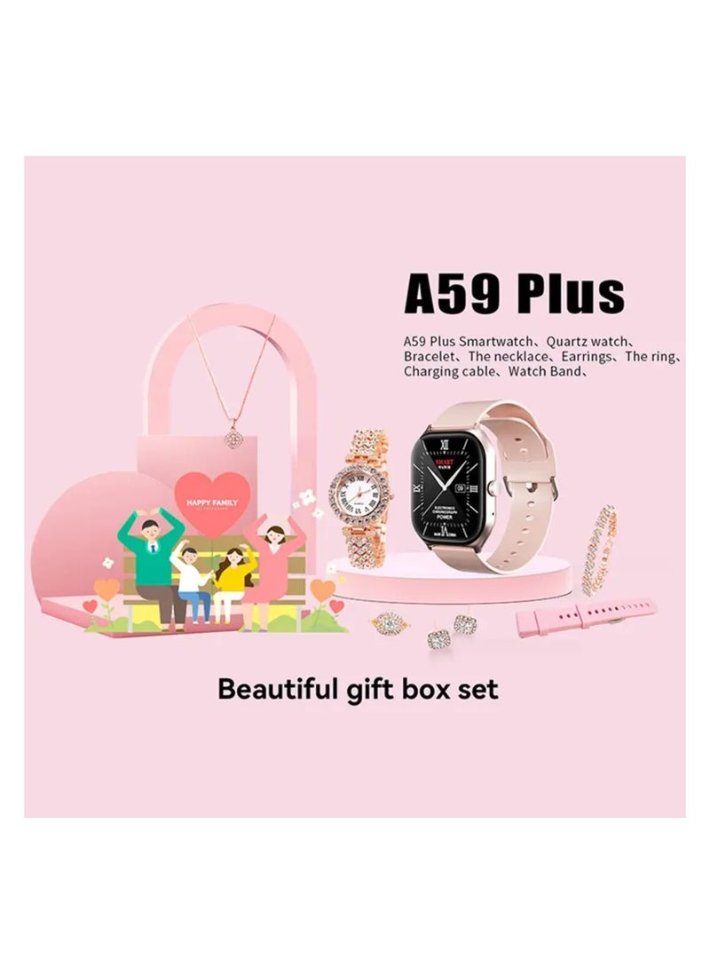 Stylish A59 Plus Smart Watch with Heart Rate Monitoring,| 260mAh Relojes Inteligentes for Girls, Trendy Gold Watch, Necklace, Bracelet, Earrings, Women's Ring Collection