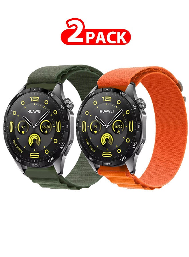 ( for Huawei Watch GT4 ) 2 Pack, Alpine Sport Strap Rugged Nylon Replacement Wristband for Men Women Green/Orange