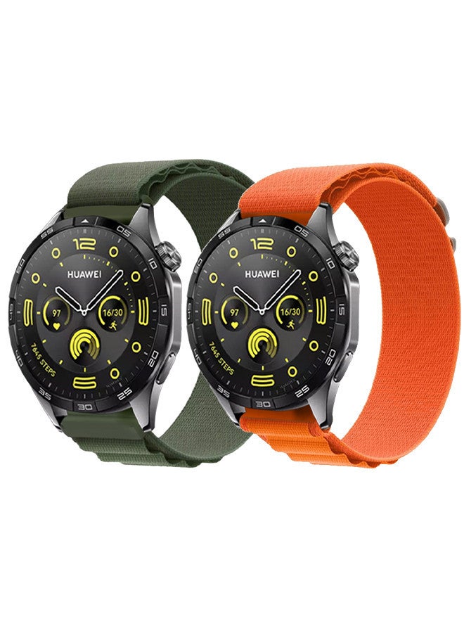 ( for Huawei Watch GT4 ) 2 Pack, Alpine Sport Strap Rugged Nylon Replacement Wristband for Men Women Green/Orange