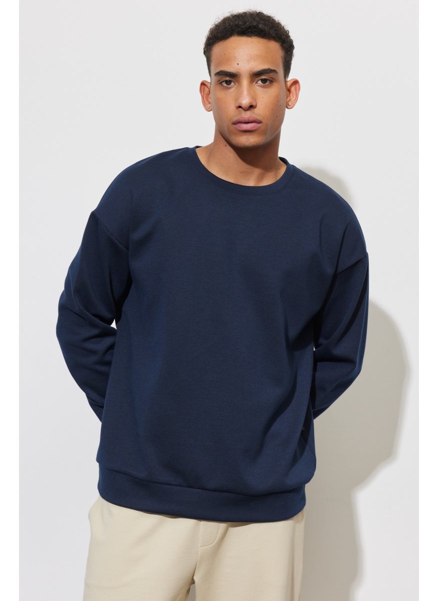 Men's Navy Blue Oversize Loose Cut Crew Neck Plain Sweatshirt