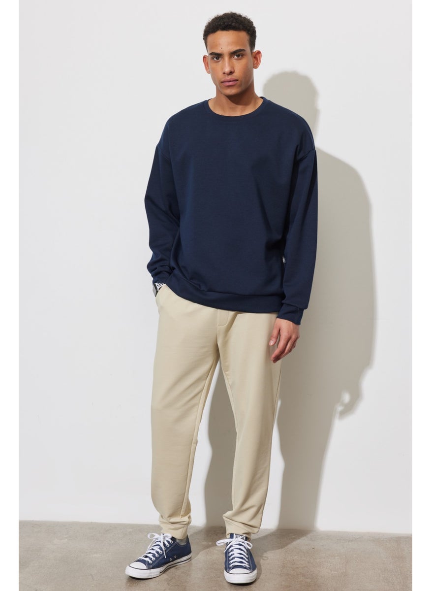 Men's Navy Blue Oversize Loose Cut Crew Neck Plain Sweatshirt