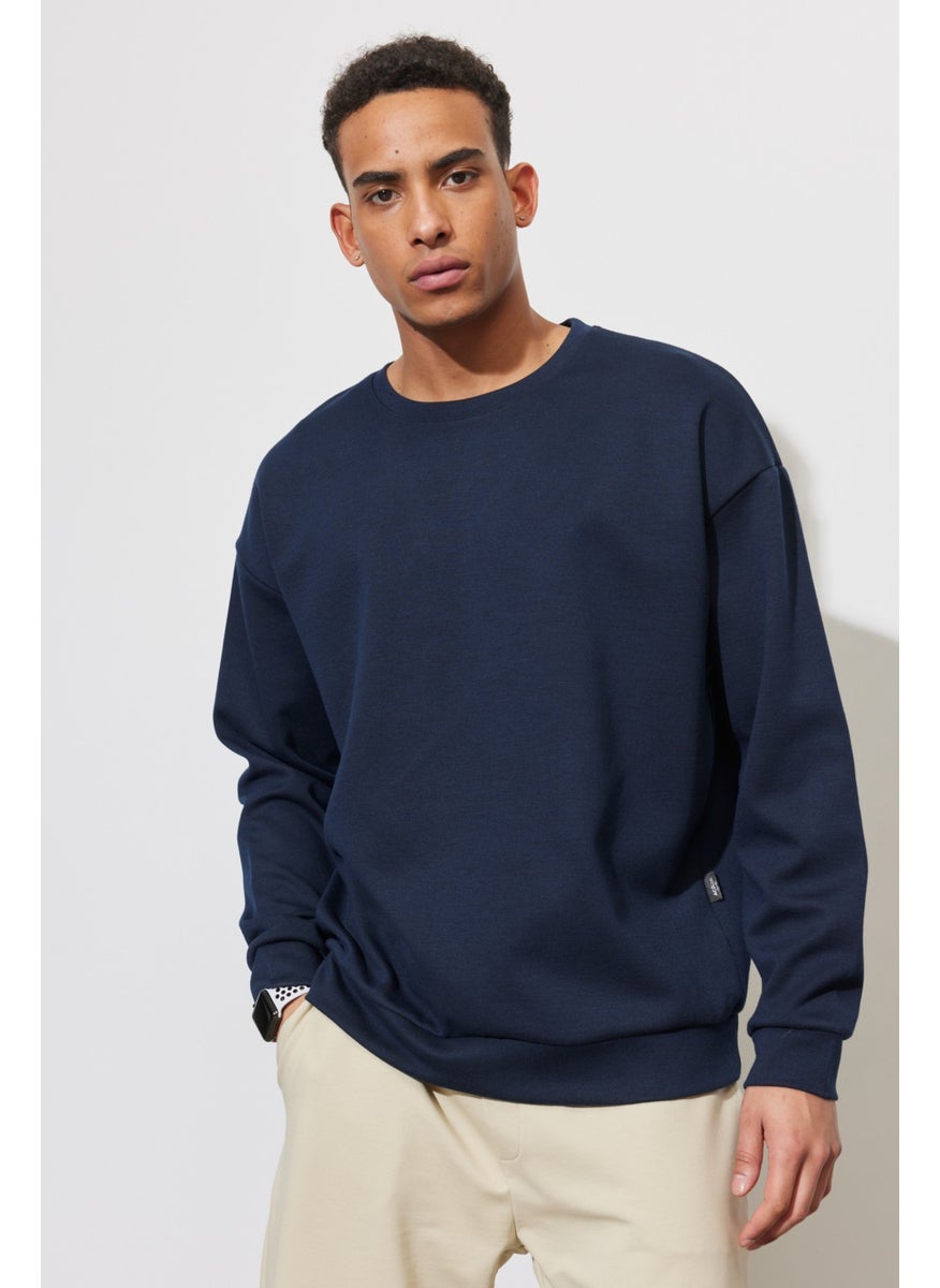 Men's Navy Blue Oversize Loose Cut Crew Neck Plain Sweatshirt